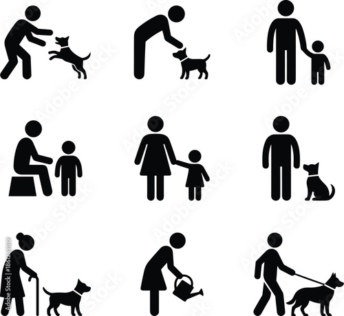 Family silhouette icon set showing parenting, pets and daily activities symbolizing care, bonding, relationships and everyday domestic lifestyle moments illustration