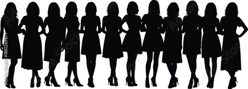 Group of female fashion silhouettes standing confidently in elegant dresses showcasing diversity style identity and modern women unity concept art