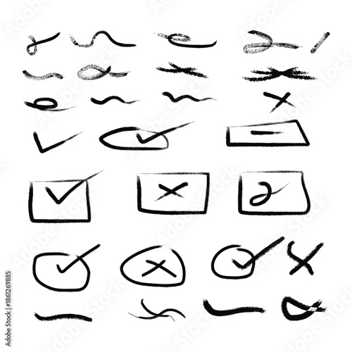 Hand drawn checkmarks and x's in various shapes and sizes