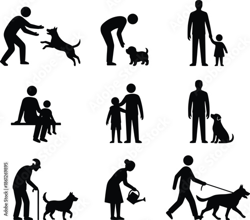 Human silhouette icons showing family life moments with children, pets and daily activities, relationships, care, parenting and companionship concept