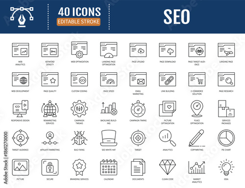 SEO icon set. Includes ranking, keyword, traffic, analytics, search, engine, content and more. Vector illustration with editable strokes