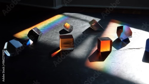 Geometric objects reflect light, creating a rainbow spectrum and casting shadows on a dark surface