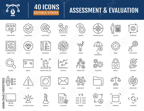 Assessment and Evaluation icon set. Includes assessment, evaluation, test, question, feedback, review, performance, achievement and more. Vector illustration with editable strokes