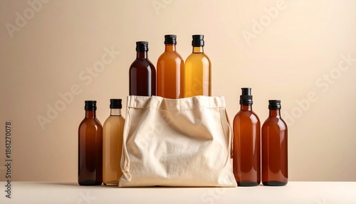 Amber and beige personal care bottles with black caps, pump and spray tops arranged behind beige cloth bag on neutral background.