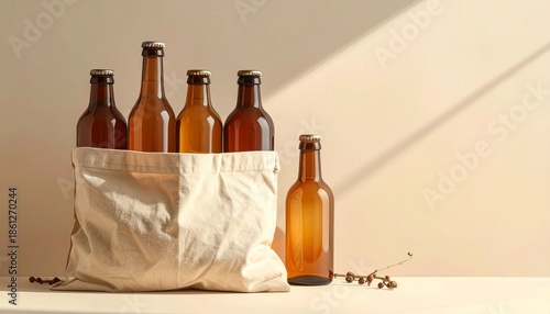 Amber and beige personal care bottles with black caps, pump and spray tops arranged behind beige cloth bag on neutral background.