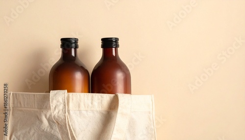 Amber and beige personal care bottles with black caps, pump and spray tops arranged behind beige cloth bag on neutral background.