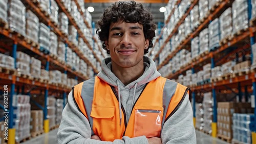 Worker standing confidently in warehouse logistics fulfillment center