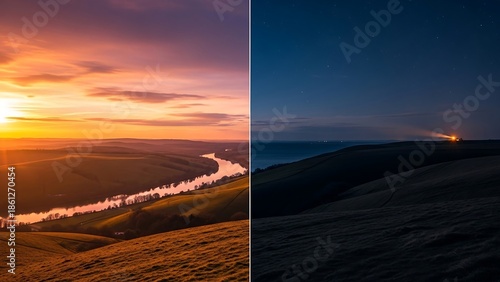 Split view of sunset and night landscape.