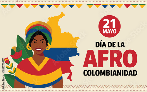 Celebration of Afro Colombian Day featuring a smiling woman in traditional dress with the Colombia map