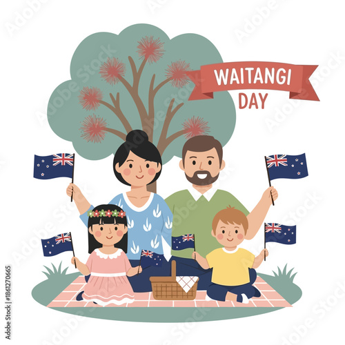 Happy family celebrating waitangi day, holding new zealand flags in a joyful, festive illustration with a native pohutukawa tree