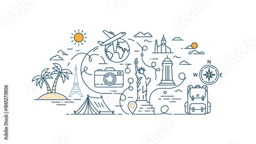 Travel and Adventure A Collage of Global Landmarks, Activities, and Gear