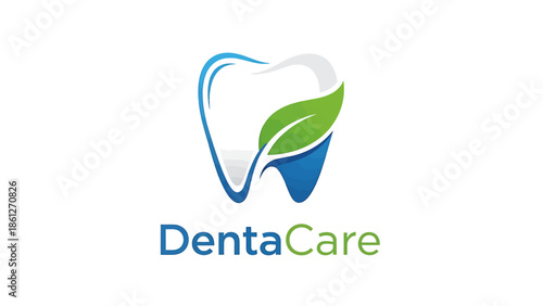 Modern, clean dental logo design featuring a stylized tooth with a green leaf accent, symbolizing natural oral care and health