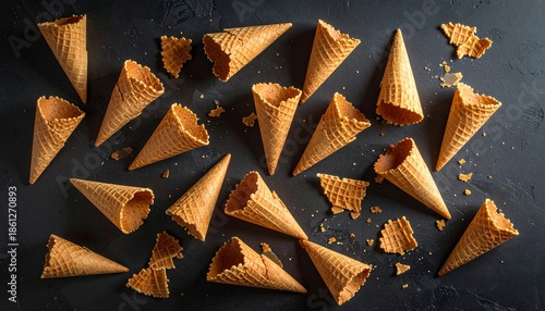 Scattered waffle-style ice cream cones, some whole and some broken with crumbs, on dark textured surface.
