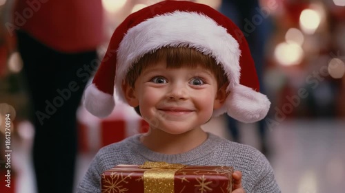 Boy in Santa hat holding gift, surprised expression, holiday background.