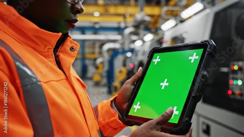 Worker uses digital tablet for industrial machine operation and monitoring