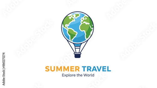 Vibrant Hot Air Balloon with Earth Globe Design Symbolizing Summer Travel and Global Exploration, Ideal for Vacation Planning and Tourism Logos