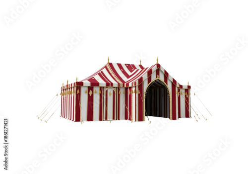 Red and white striped royal pavilion tent with gold accents on transparent background