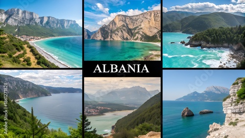 Albania collage nature landscape travel tourism destination Europe vacation advertising promotion scenic mountains rivers text Albania photo collage travel items journey Balkan marketing design poster