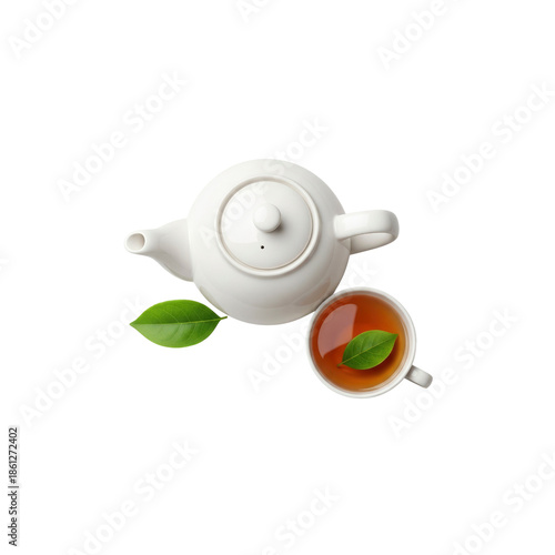 Overhead view of tea pot cup and leaves