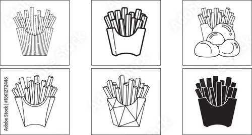 French Fries Icon Set – Fast Food Fries Variations Line and Solid Style Collection
