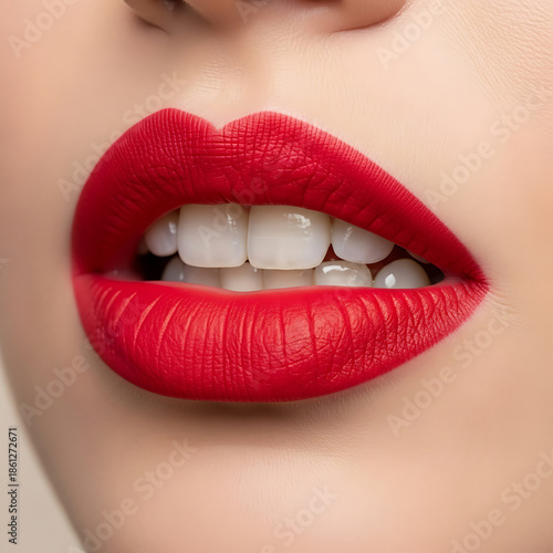 Close-up of a woman's perfect red lips open mouth, showing bright white teeth, conveying sensuality and confidence