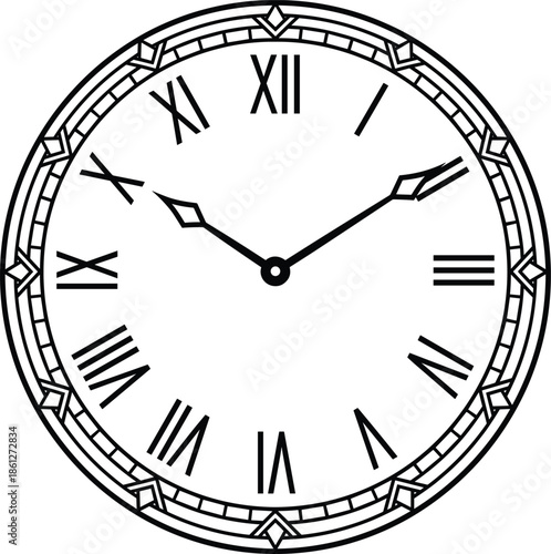 Analog clock icon, Roman numerals, ornate border, black silhouette style, time symbol, classical design, vintage, hour minute hands