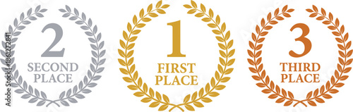Award icon set, gold silver bronze laurel wreaths, first second third place, ranking, achievement, competition, winner badge