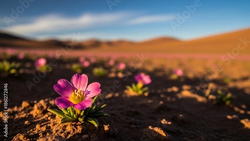 Vibrant pink flowers in desert landscape.