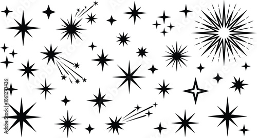 Star sparkle icon set, black silhouette style, celestial shapes, shooting stars, festive decoration, twinkle, cosmic, space embellishment