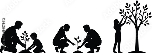 Tree growth icon set, black silhouette style, planting sapling, nurturing tree, harvest moment, nature care, development, environment