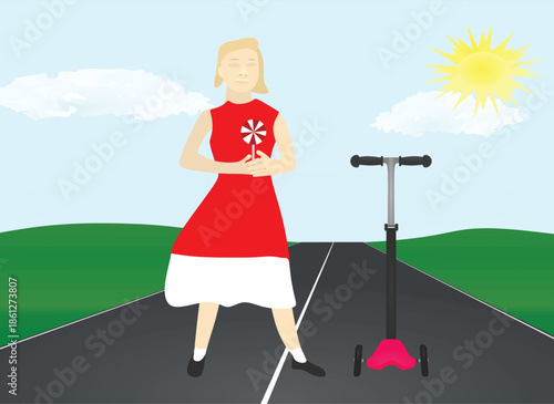 Little girl hold lollypop. vector illustration