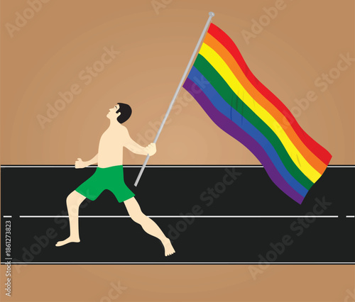 Man holding lgbt flag. vector