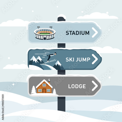 Vector illustration of winter sports signpost indicating stadium, ski jump, and lodge