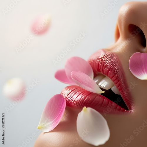 Vibrant red lips open mouth adorned with delicate pink petals against a soft, dreamy background