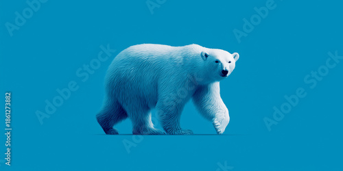 Stylized polar bear illustration with detailed white fur texture on a solid blue background. This modern graphic features a majestic bear in mid-stride, rendered with a clean and artistic aesthetic.