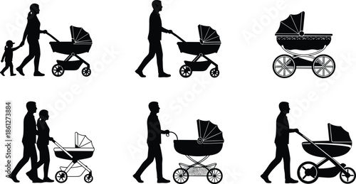 Parents Pushing Baby Stroller Silhouette Set, Mother and Father with Child Carriage, Walking Family Vector Illustration for Parenting and Newborn.