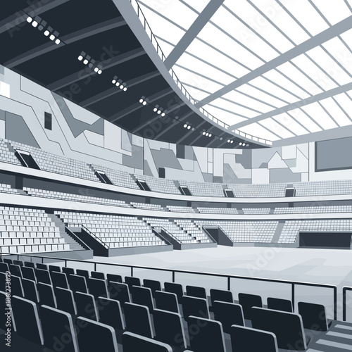 Vector illustration of a modern stadium layout with empty seating and bright lighting