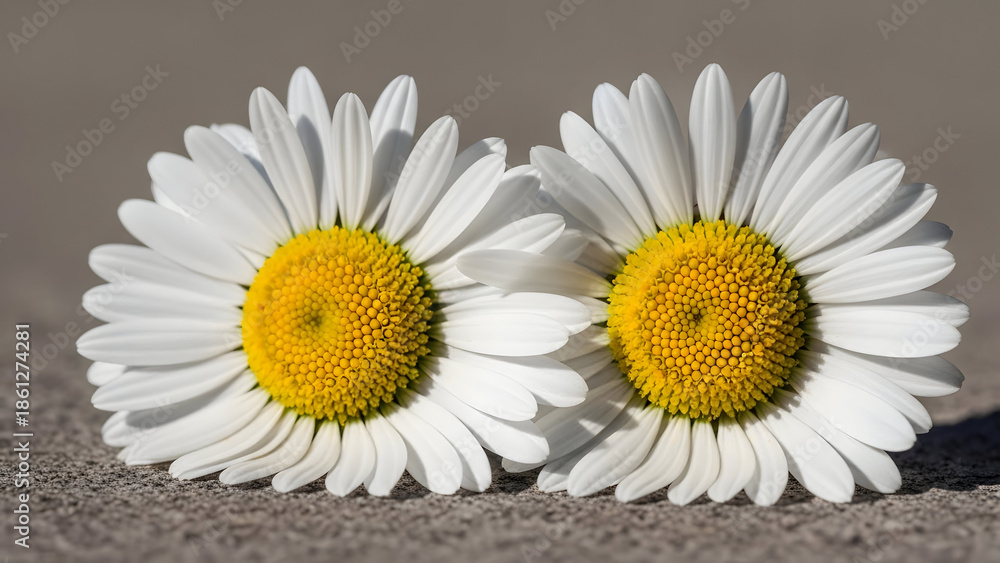 Obraz premium Two white daisies with yellow centers on a gray background