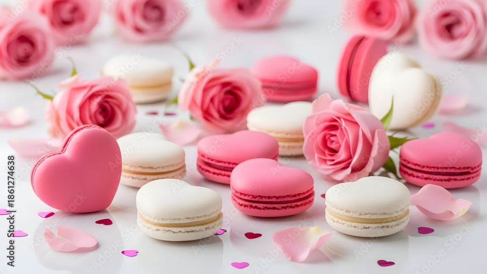 Obraz premium Pink and white macarons with roses on a white background for valentine's day