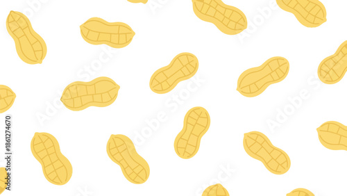 A vibrant illustration of numerous yellow peanuts in their textured shells creating a delightful and appetizing seamless pattern on a pristine white