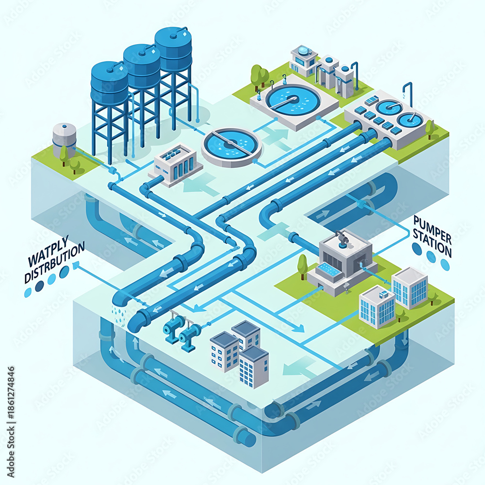 Obraz premium Modern water treatment plant infrastructure with pipes and pumps