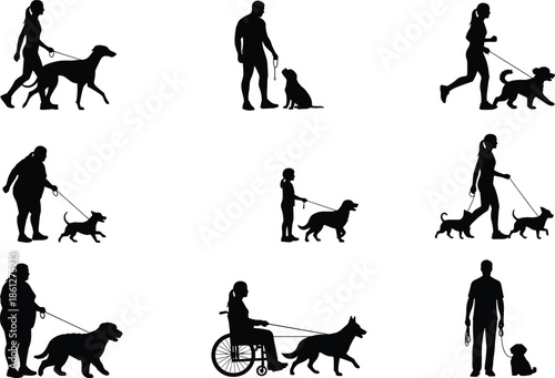 People Walking and Training Dogs Silhouettes, Pet Owners and Animals Vector Set, Service Dog and Human Companionship Graphic, Diverse Dog Breeds Collection.
