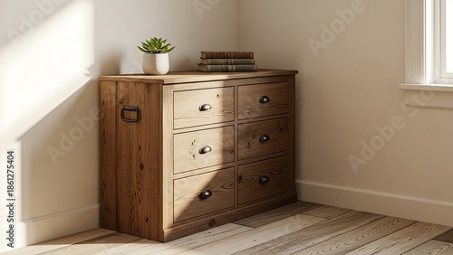 Wooden dresser in empty room interior.