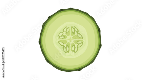 Close-up detailed view of a crisp, refreshing cucumber cross-section with seeds, presented on a white background