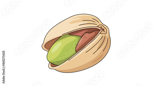 An inviting solitary pistachio nut depicted in crisp illustration, its light beige shell elegantly cracked open to reveal a vibrant green kernel