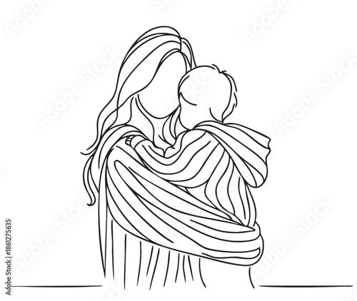 abstract sketch fashion mother and child hugs behind in black striped hoodie