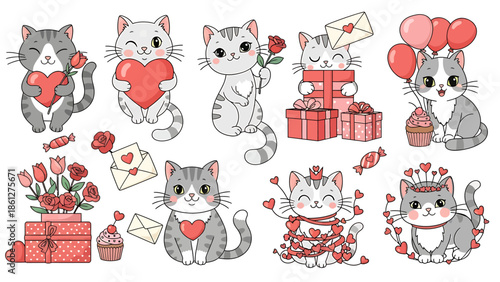 Cute Cat Illustrations for Valentine's Day or Romantic Occasions Featuring Adorable Felines Expressing Love and Affection