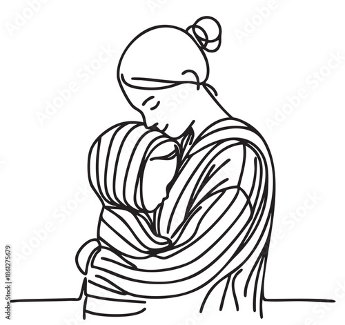 abstract sketch fashion mother and child hugs behind in black striped hoodie