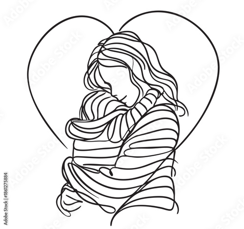 abstract sketch fashion mother and child hugs behind in black striped hoodie