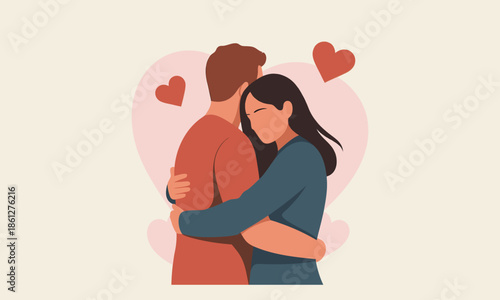 Romantic Hug Day Couple Embracing with Heart Background
